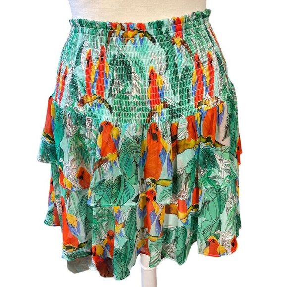 MILLY Wyatt Parrot Print Tiered Ruffled Mini Skirt Green Multi Lined NWT Size 4 - Picture 1 of 9